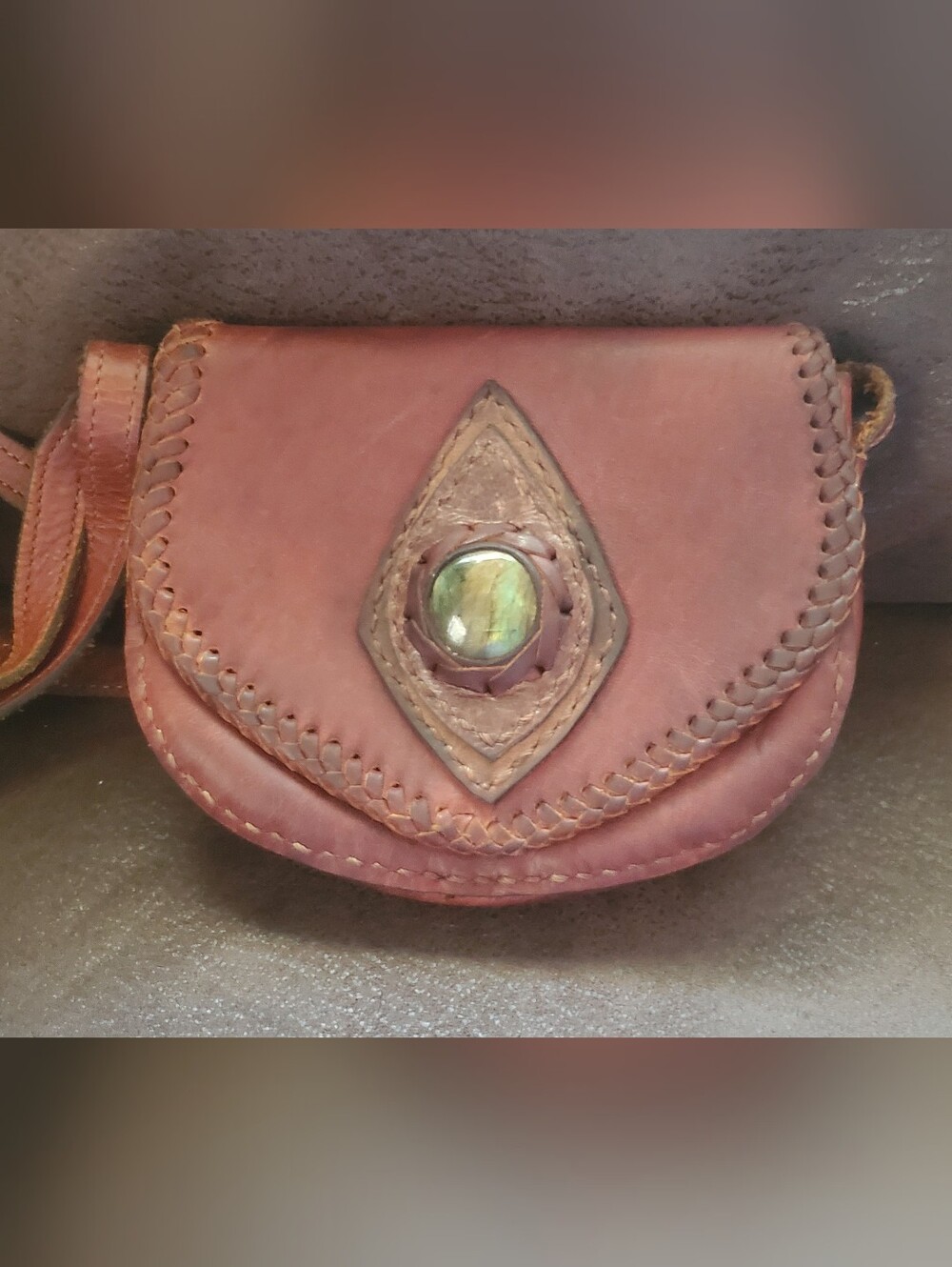 Boho Festival Brown Leather Crossbody or Hip Bag w Labadorite Stone